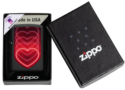 Zippo Black Light Hearts Design Black Matte Pocklet Lighter in its packaging.