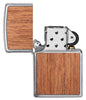 WOODCHUCK USA Mahogany Brushed Chrome windproof lighter with its lid open and not lit