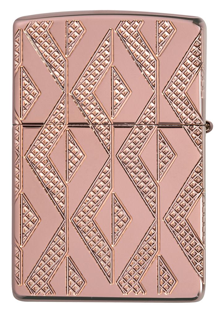 Back view of Geometric Diamond Pattern Design Armor® Rose Gold Windproof Lighter.