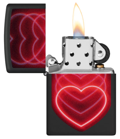 Zippo Black Light Hearts Design Black Matte Pocklet Lighter with its lid open and lit.