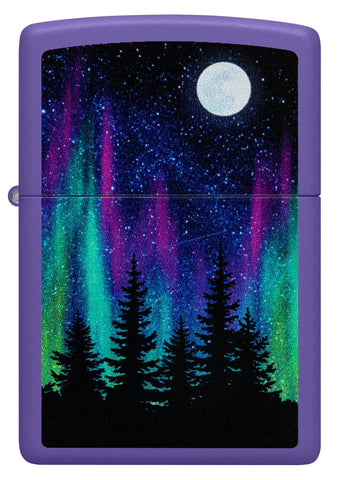 Front view of Zippo Northern Lights Design Purple Matte Windproof Lighter.