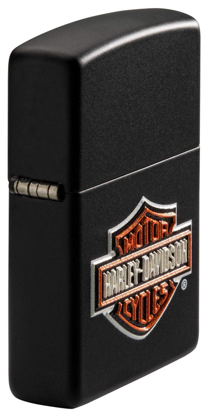 Harley-Davidson® Texture Print Classic Logo Black Matte Lighter standing at an angle, showing off the texture print logo