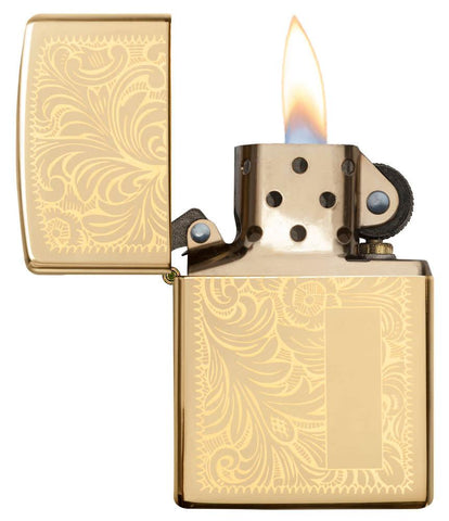 High Polish Brass Venetian Lighter with Initial Panel open and lit
