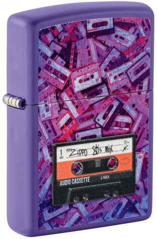 Front shot of Zippo Cassette Tape Design Purple Matte Windproof Lighter standing at a 3/4 angle.