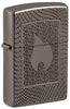 Front shot of Zippo Flame Pattern Design Armor Black Ice Windproof Lighter  standing at a 3/4 angle.