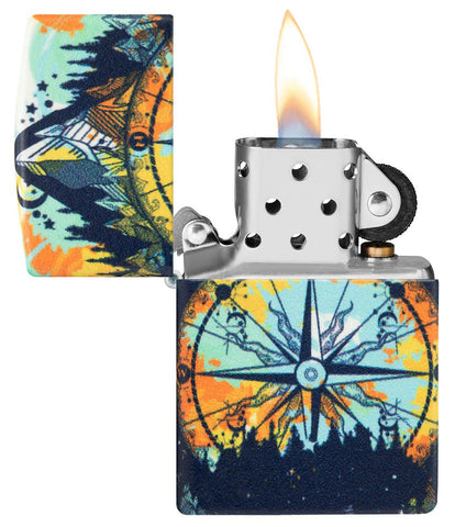 Compass Design 540 Color Glow In The Dark Windproof Lighter with its lid open and lit.