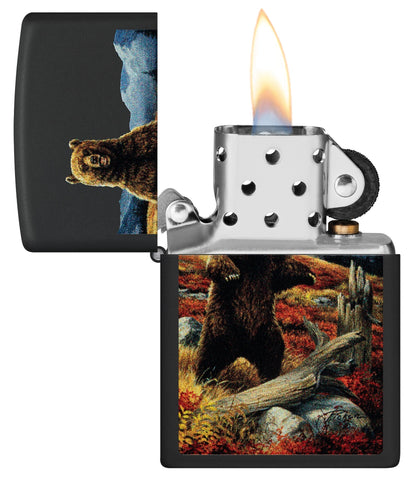 Zippo Linda Pickens Bear Design Black Matte Windproof Lighter with its lid open and lit.