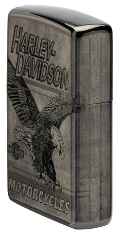 Harley-Davidson Eagle Photo Image 360° High Polish Black Windproof Lighter standing at an angle, showing the front and right side of the lighter.