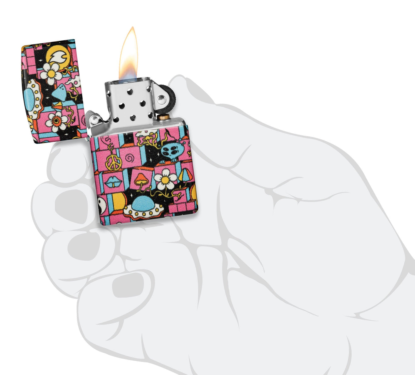 Zippo Abstract Design Glow in the Dark Green Windproof Lighter lit in hand.