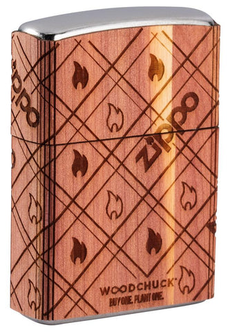 Back shot of WOODCHUCK USA Zippo Cedar Wrap Windproof Lighter standing at a 3/4 angle