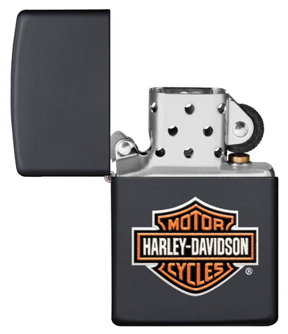Harley-Davidson® Texture Print Classic Logo Black Matte Lighter with it lid open and not lit