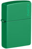 Front view of Zippo Grass Green Matte Zippo Logo Classic Windproof Lighter standing at a ¾ angle.