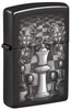 Front shot of Zippo Chess Design High Polish Black Windproof Lighter standing at a 3/4 angle.