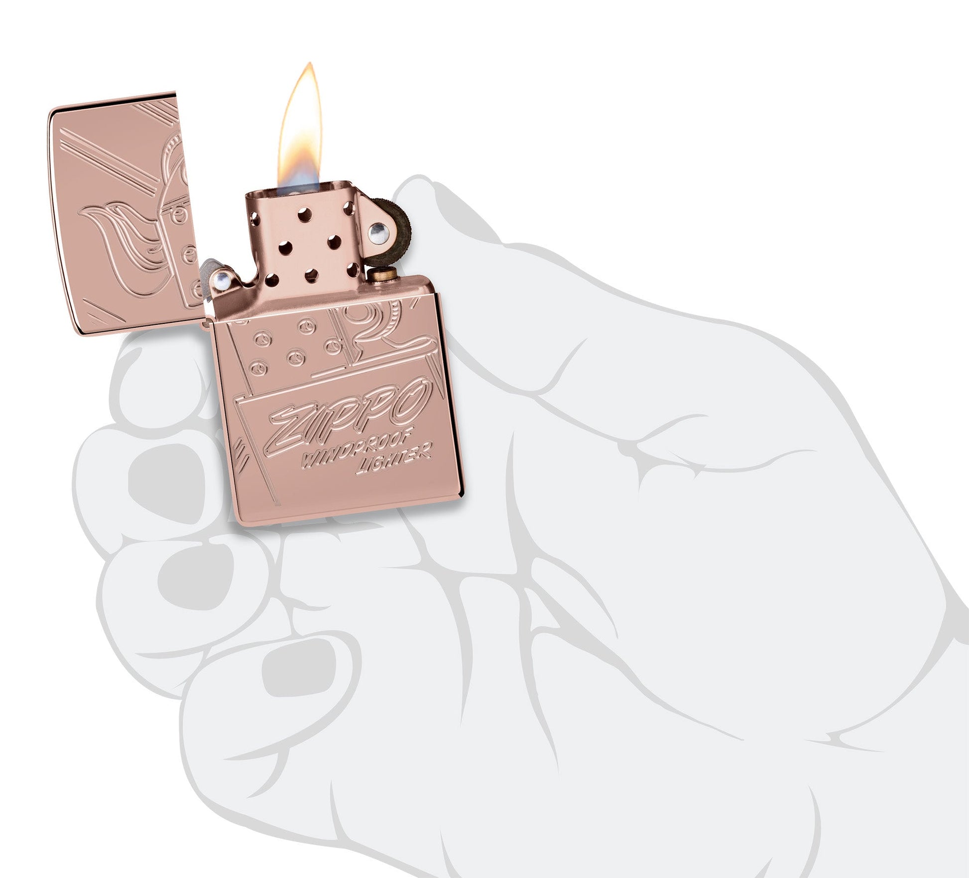 Zippo Script Collectible Armor Rose Gold Windproof Lighter lit in hand.