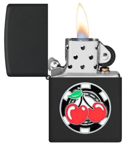 Zippo Poker Chip with Cherries Emblem Black Matte Windproof Lighter with its lid open and lit.