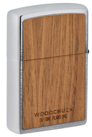 Back shot of WOODCHUCK USA Mountains Brushed Chrome Windproof Lighter, standing at a 3/4 angle.