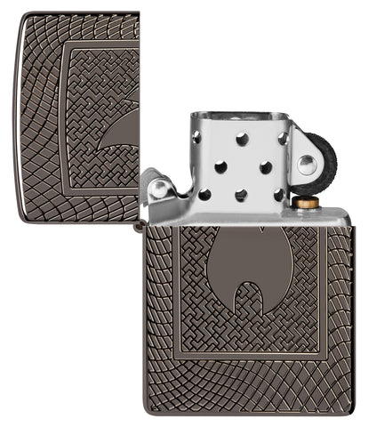 Zippo Flame Pattern Design Armor Black Ice Windproof Lighter  with its lid open and unlit.