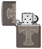 Zippo Laser Engraved Celtic Cross Design Black Ice Windproof Lighter with its lid open an unlit.