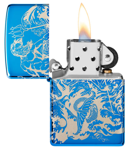 Zippo Atlantis Design High Polish Blue Windproof Lighter with its lid open and lit.