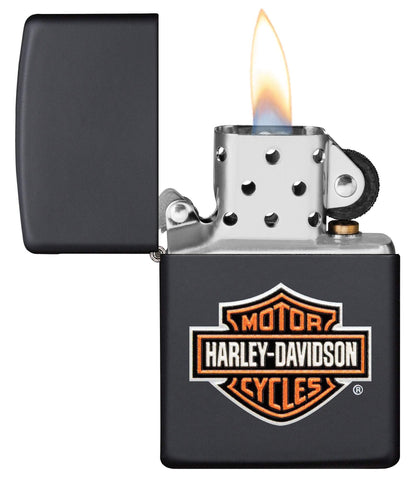 Harley-Davidson® Texture Print Classic Logo Black Matte Lighter with its lid open and lit