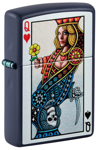Front shot of Zippo Queen Design Navy Matte Windproof Lighter standing at a 3/4 angle.