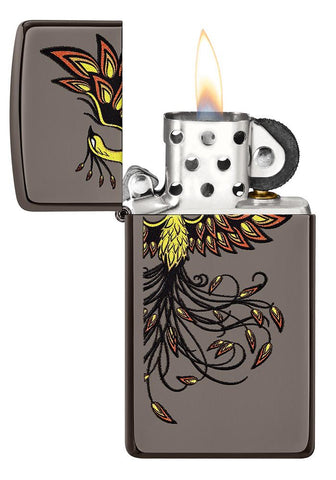 Slim® Phoenix Design Black Ice® Windproof Lighter with its lid open and lit