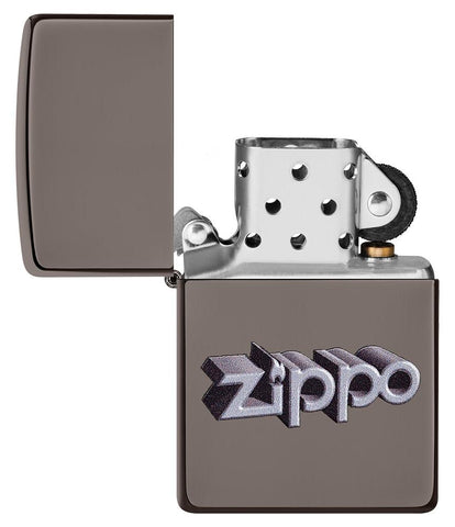Zippo 3D Logo Design Black Ice® Windproof Lighter with its lid open and unlit