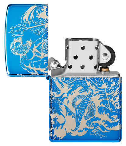 Zippo Atlantis Design High Polish Blue Windproof Lighter with its lid open and unlit.