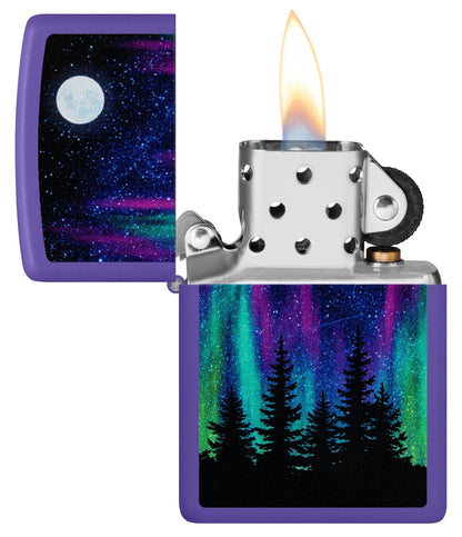 Zippo Northern Lights Design Purple Matte Windproof Lighter with its lid open and lit.