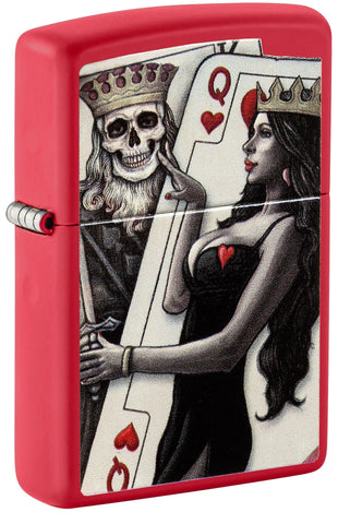Front shot of Zippo Skull King Queen Beauty Red Matte Windproof Lighter standing at a 3/4 angle.