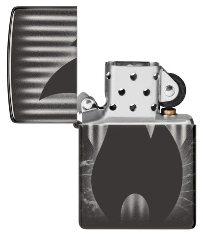 Zippo Design High Polish Black Windproof Lighter with its lid open and unlit.