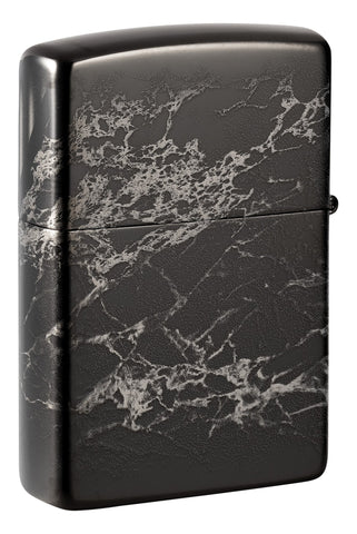 Back shot of Zippo Design High Polish Black Windproof Lighter standing at a 3/4 angle.