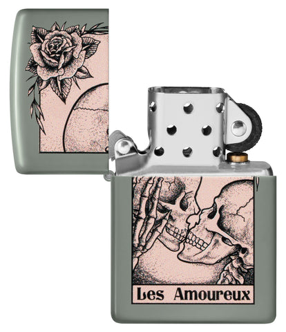 Zippo Death Kiss Design Sage Windproof Lighter with its lid open and unlit.