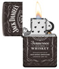 Jack Daniel's® Photo Image 360® Black Ice® Windproof Lighter standing at a 3/4 angle with its lid open and lit.