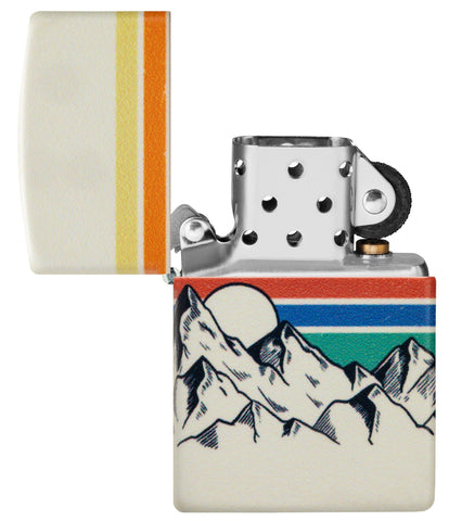 Zippo Mountain Design 540 Color Windproof Lighter with its lid open and unlit.