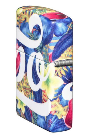 Zippo Floral Design 540 Color Windproof Lighter standing at and angle showing the back and hinge side of the lighter