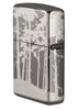Back of Squatchin' In The Woods 360° Design Windproof Lighter standing at an angle, showing the hinge side