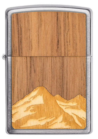 Front view of WOODCHUCK USA Mountains Brushed Chrome Windproof Lighter.