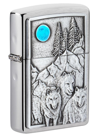 Front shot of Wolf Pack and Moon Emblem Brushed Chrome Windproof Lighter standing at a 3/4 angle